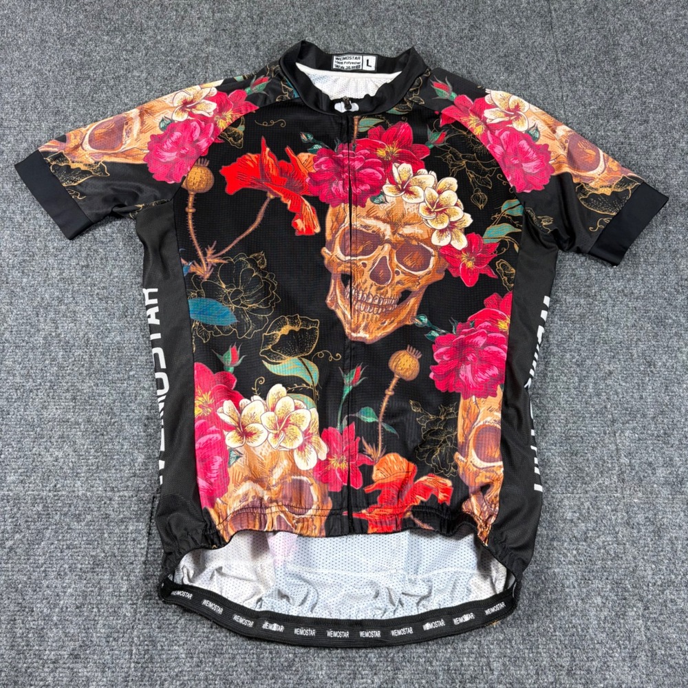 Weimostar Skull Flowers Cycling Jersey Mens Large Full Zip Bike Shirt Goth Edgy